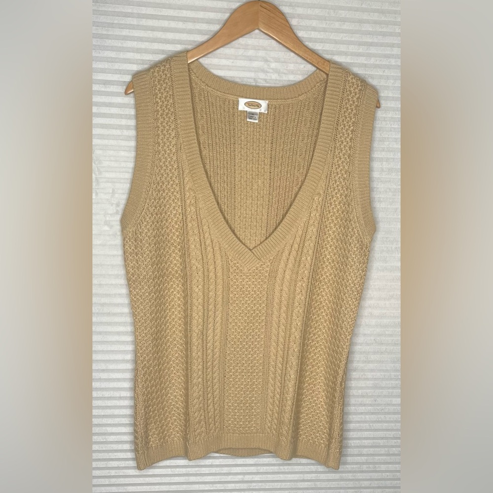 Vintage Talbots Cable Knit Sweater Vest XL Beige V Neck Sleeveless Academia Tan